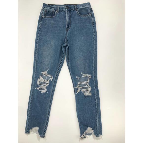 American Eagle Outfitters Light Wash Distressed Mom Jeans Size 10 X-Long - Picture 1 of 10